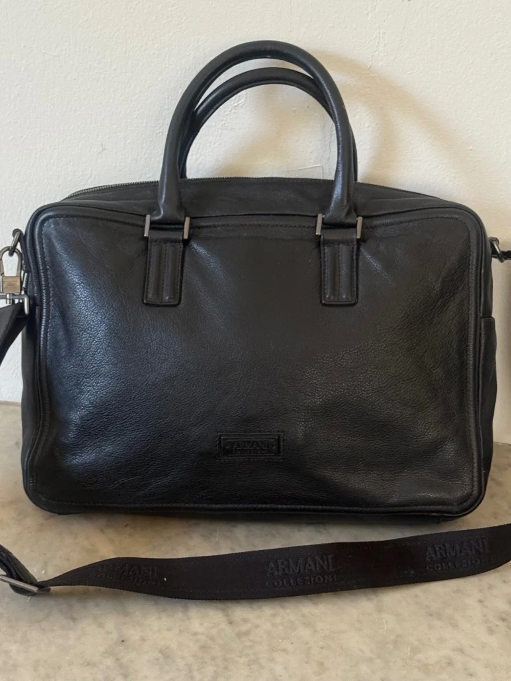 Armani Collezioni Leather Briefcase Laptop Bag Black Messenger Business Bag